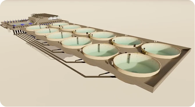 3D render of a RAS site with circular rearing tanks