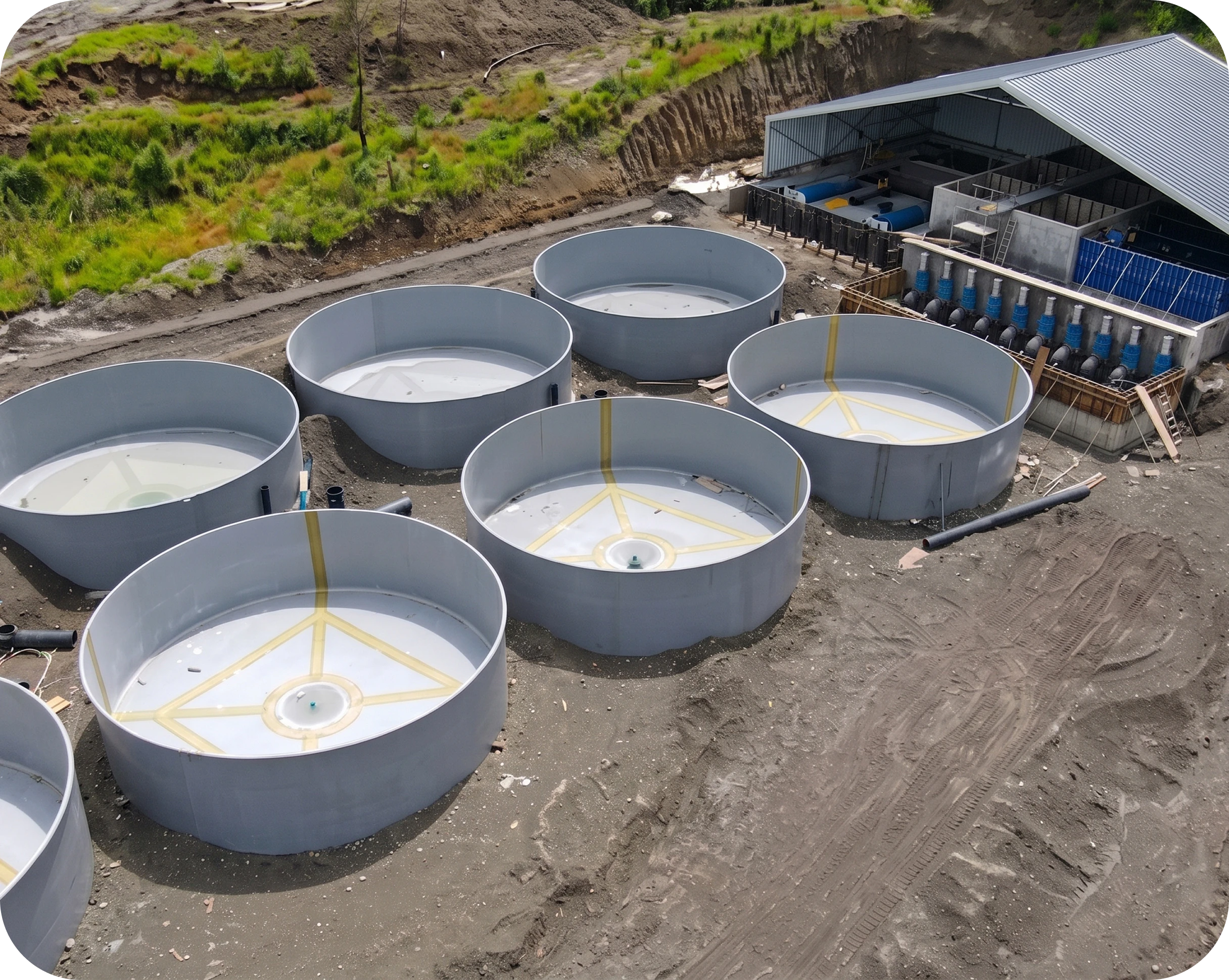 Circular RAS tanks under construction beside a rearing hall