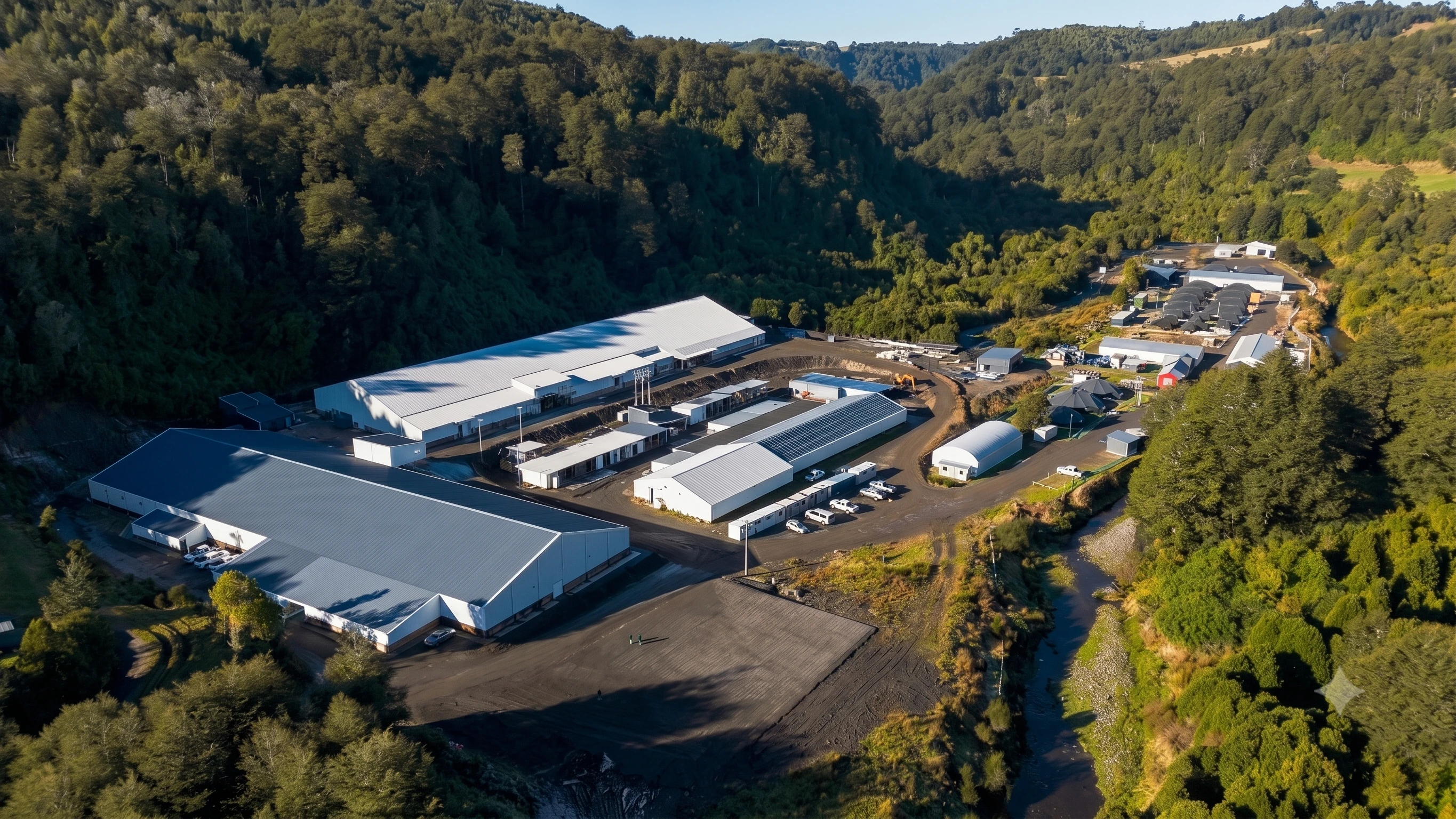 Aerial view of a farming site in a forested valley